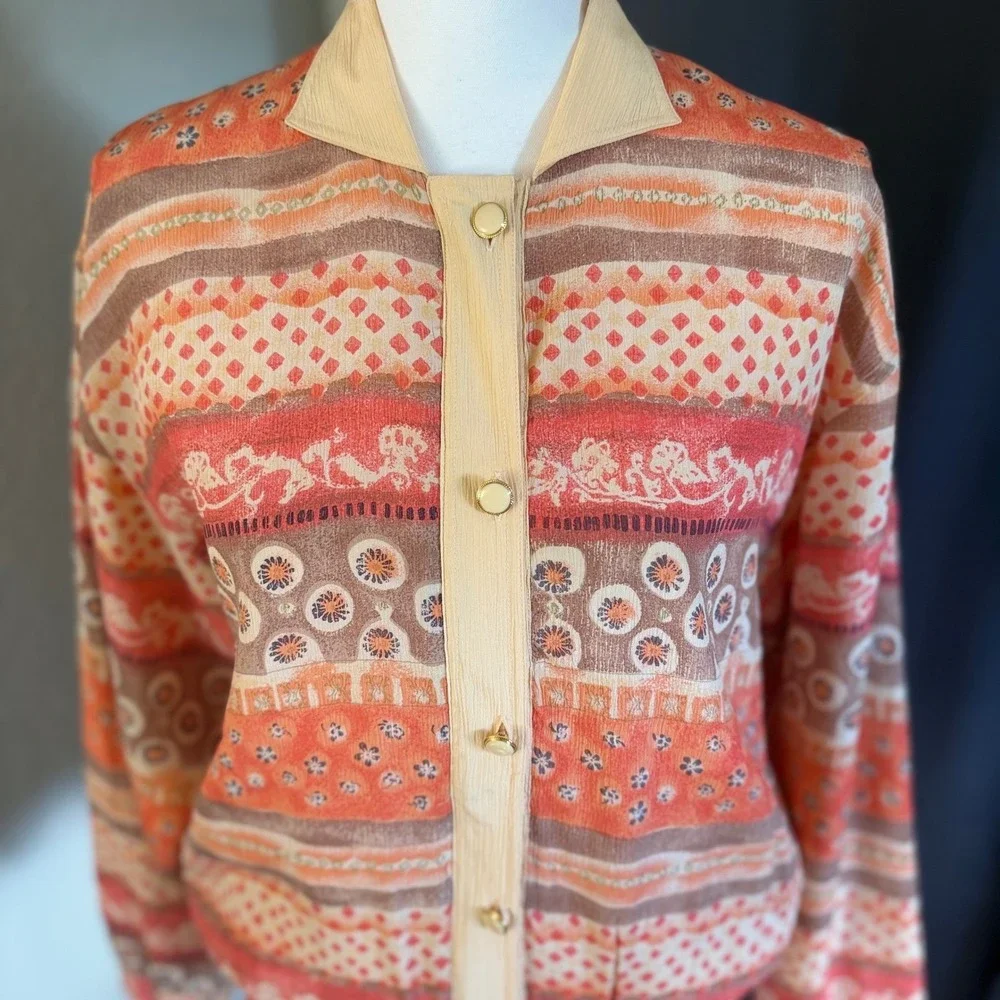 Oleg Cassini Vintage Silk Bomber Jacket Orange Geometric‎ Floral Print Small